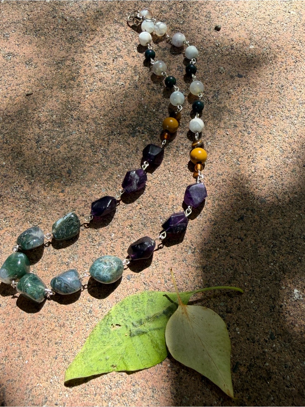 Handmade Multistone Necklace Moss Agate, Amethyst, Jasper beads. One of a kind.